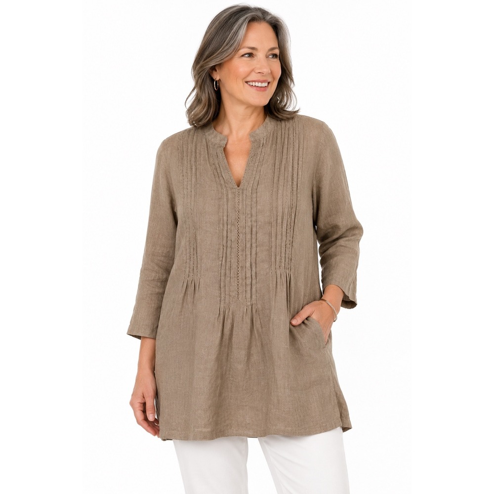 J. Jill Womens M Petite Linen Pintuck Lace Trim Tunic Top Taupe Brown 3/4 Sleeve